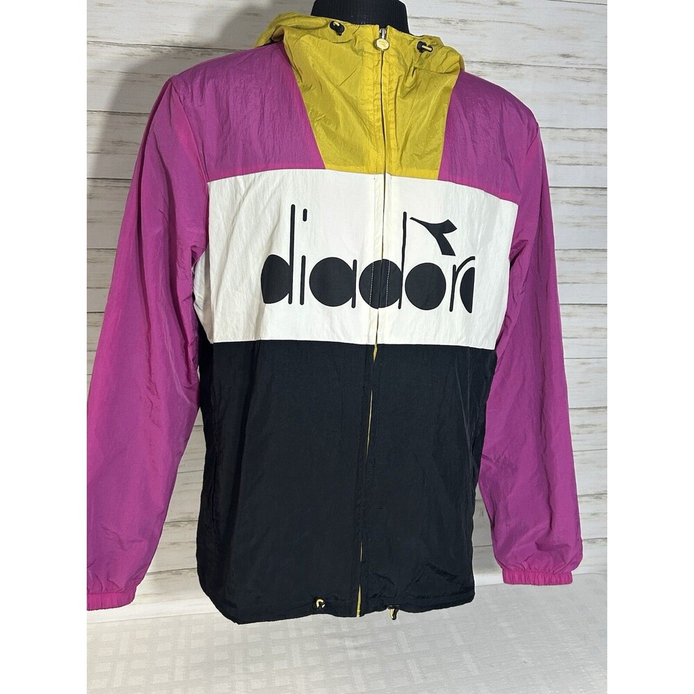 MINTY! Diadora Jacket Mens MEDIUM Pink White Black Yellow Full Zip Track Coat